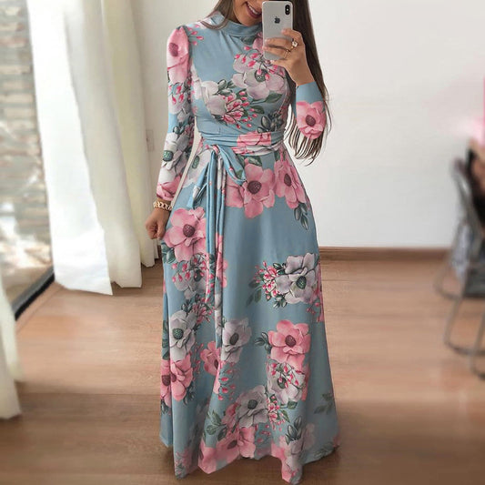 Fashion Slim Floral Maxi Dress Round Neck Long Sleeve Casual Wholesale Dresses With Belt