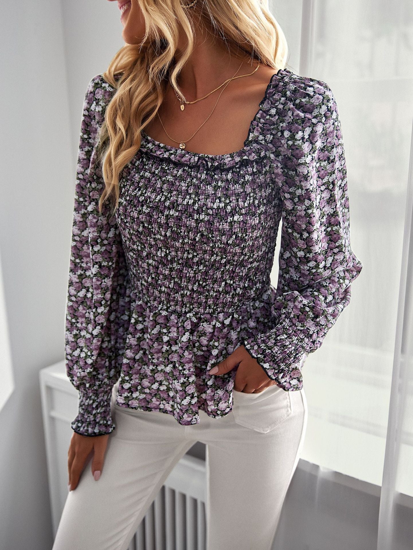 Casual Floral Slim Square Neck Tops Wholesale Womens Long Sleeve T Shirts