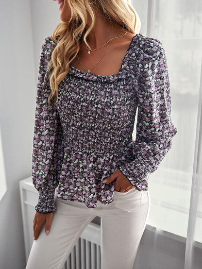 Casual Floral Slim Square Neck Tops Wholesale Womens Long Sleeve T Shirts