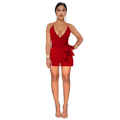 Sexy Solid Color Deep V Neck Tieback Sling Jumpsuits Fashion Open Back Crossover Wholesale Rompers