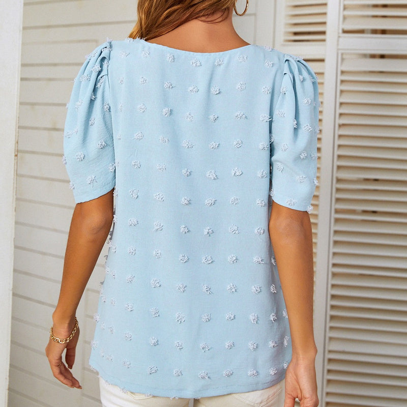 Swiss Dot Jacquard Short Sleeve Puff Sleeve V Neck Wholesale Blouses For Women