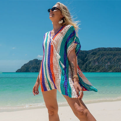 Colorful Striped Hollow Knitted Beachwear Cover Up Sunscreen Swimsuit Blouse Wholesale Blouse