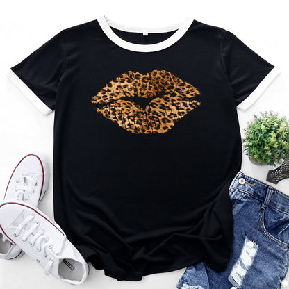 Patchwork Contrast Lip Leopard Print Tops Loose Short Sleeve Crew Neck Womens T Shirts Wholesale