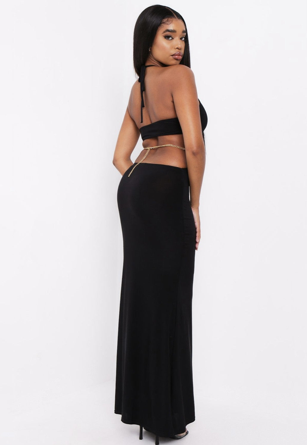 Sexy Hollow Halter Maxi Dress Backless Solid Color  Wholesale Dresses With Metal Waist Chain