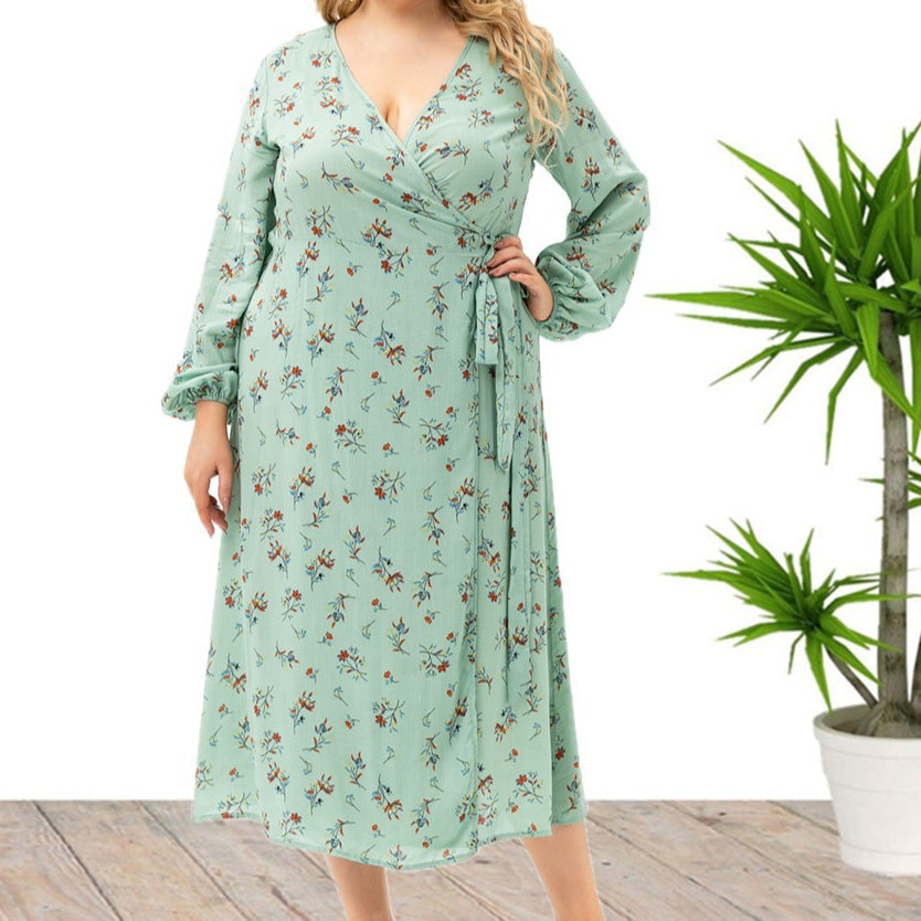 Plus Size Women V Neck Long Sleeve Floral Split Dress Wholesale