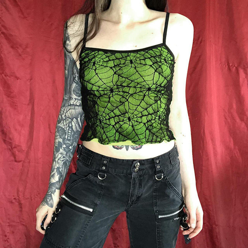 Dark Personality Street Slim Spider Web Hit Color Suspenders Crop Tops Wholesale Women Tops