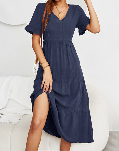 Fashion Loose V-Neck Swing Dress Solid Color Short Sleeve Wholesale Dresses