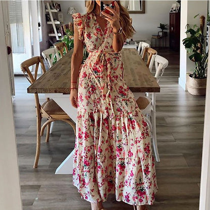 Sleeveless Wood Ear Print Lace Up Bohemian Dress Wholesale Dresses