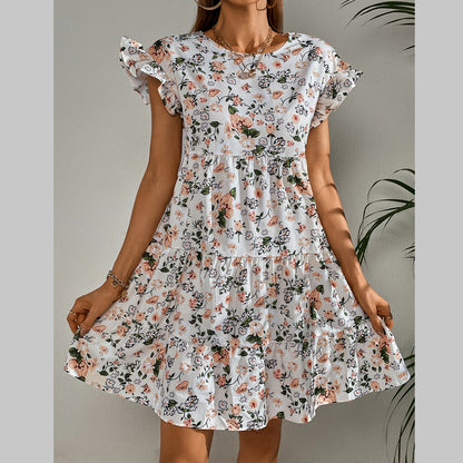 Fashion Casual Floral Tiered Dress Round Neck Loose Short Sleeve Wholesale Dresses