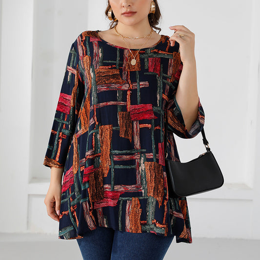 Wholesale Women'S Plus Size Clothing Casual Printed Crew Neck Irregular Hem Blouses