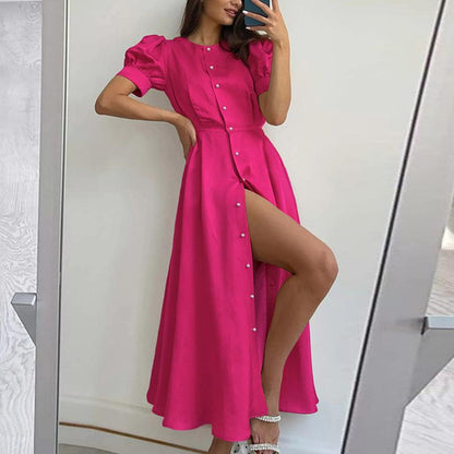 Solid Color Casual Puff Sleeve Single-Breasted Split Midi Dress Wholesale Dresses