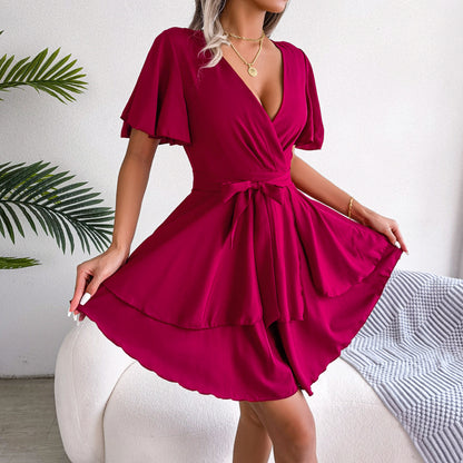 Chiffon Sexy Cross  Lace-Up V-Neck Asymmetric Dress Solid Color Ruffle Sleeve Swing Wholesale Dresses