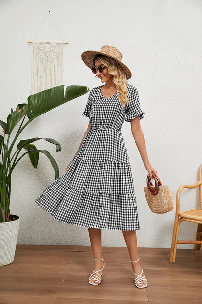 Pleated Tie Short Sleeve Square Neck Plaid Dress Wholesale Dresses