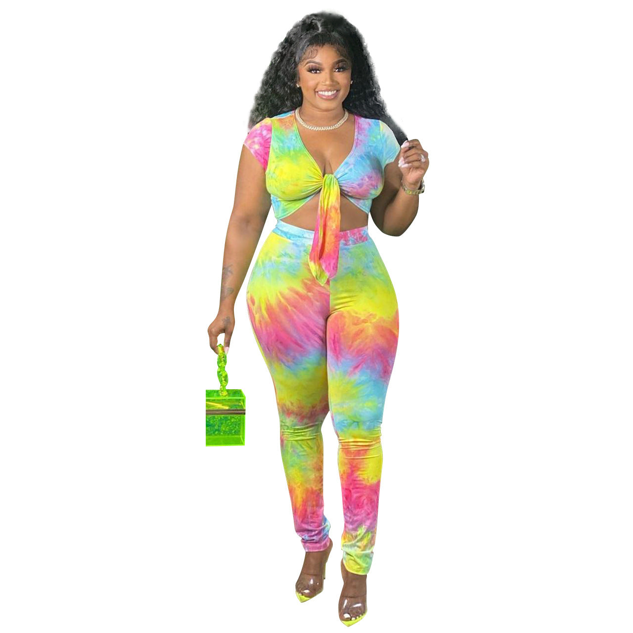 Colorblock Crop Top + Leggings Plus Size Two Piece Sets Wholesale