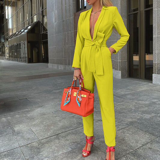 Fashion Solid Color Deep-V Tie-Up Women Jump-Suits Wholesale Jumpsuits