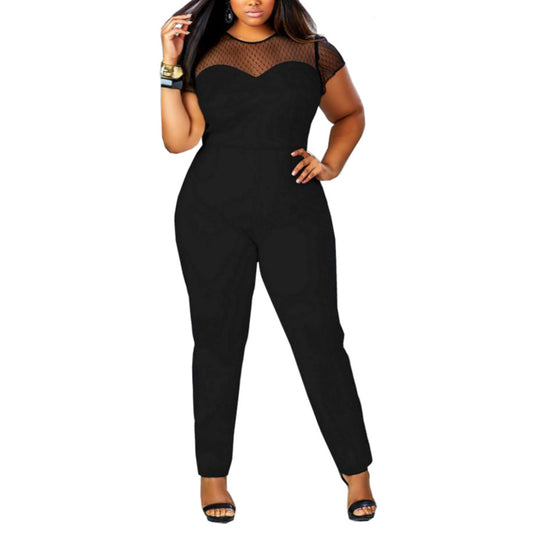 Mesh Stitching Fashion Short Sleeve Crew Neck Wholesale Plus Size Clothing Curve Jumpsuits SJ203067