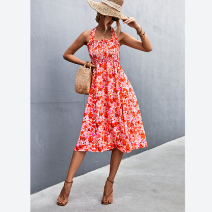 Halterneck Floral Printed Resort Off Shoulder Ruffled Dress Holiday Wholesale Dresses