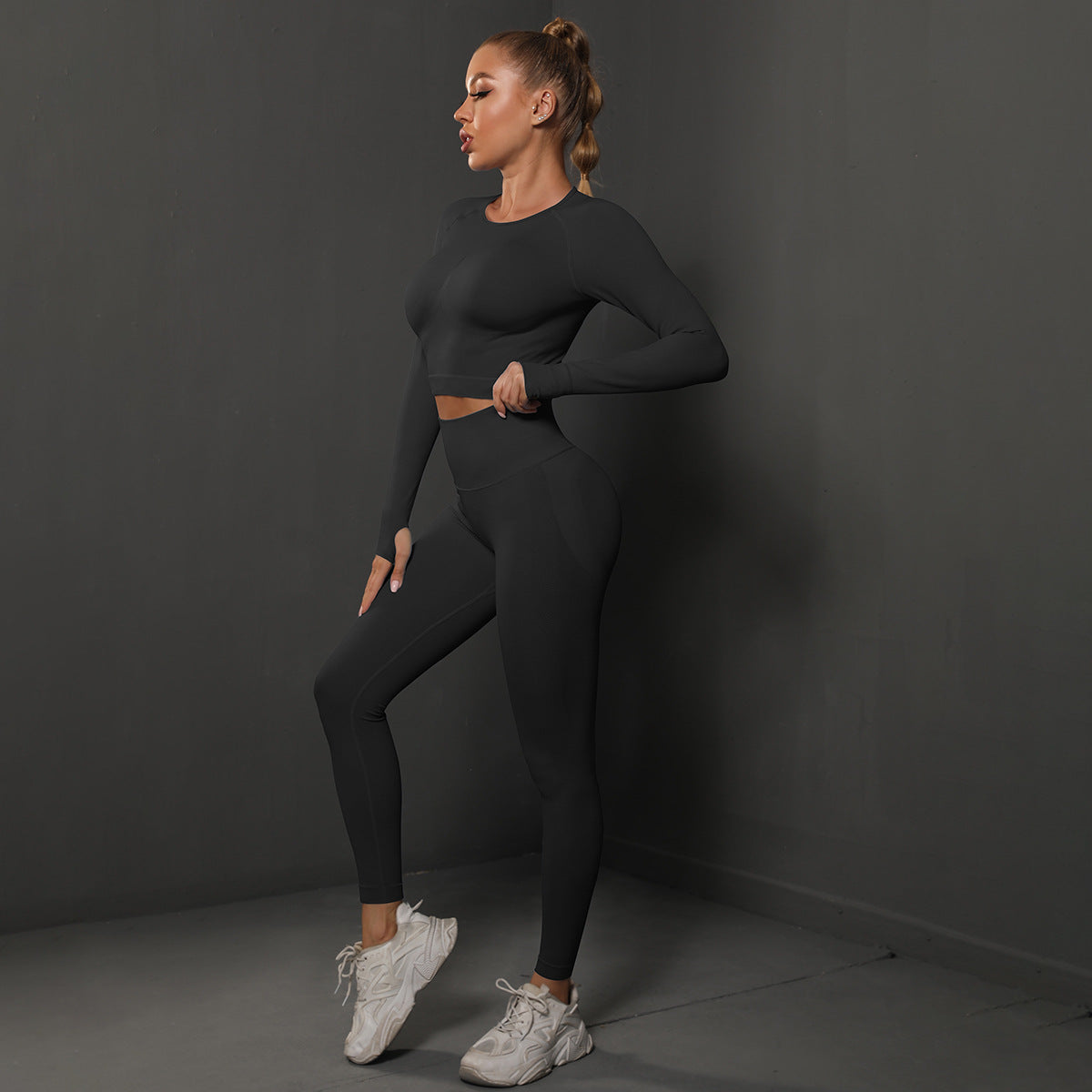 Seamless Knitted Pleated Tight Yoga Exercise Running Fitness Long Sleeve Leggings Suit Wholesale Women Clothing