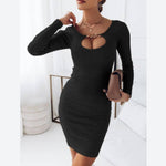 Round Neck Long Sleeve Hollow Bodycon Knit Dress Wholesale Dresses