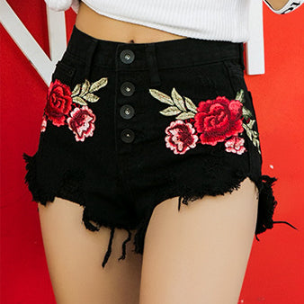 Embroidered Floral Print Wide Leg Jeans Ripped Frayed Wholesale Jean Shorts