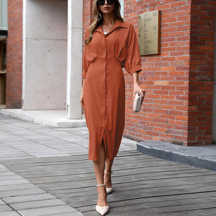 Women Long Sleeve V Neck Plain Button Wholesale Shirts Dresses