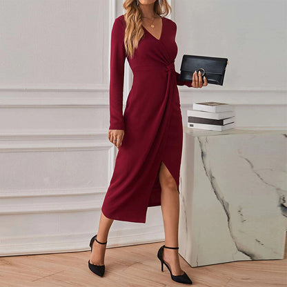 Solid Color V-Neck Slit Long-Sleeve Slim Ruched Wrap Dress Wholesale Dresses