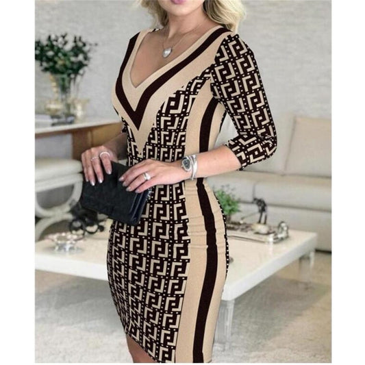 Sexy Plaid Print V-Neck Midi Long Sleeve Bodycon Wholesale Dresses