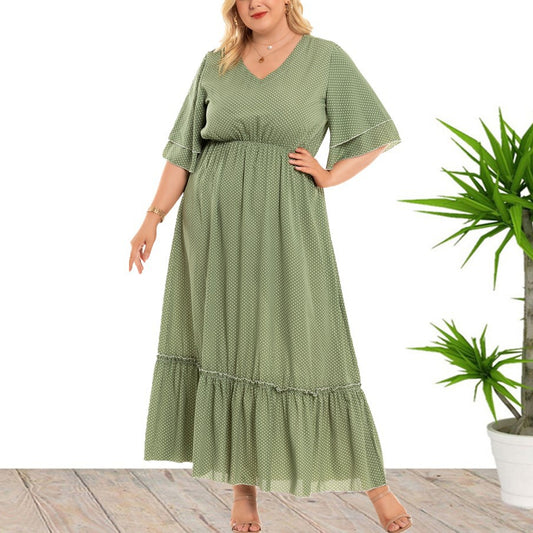 Wholesale Women'S Plus Size Clothing Bohemian V-Neck Half-Sleeve Slim-Fit Wooden Ears Dress