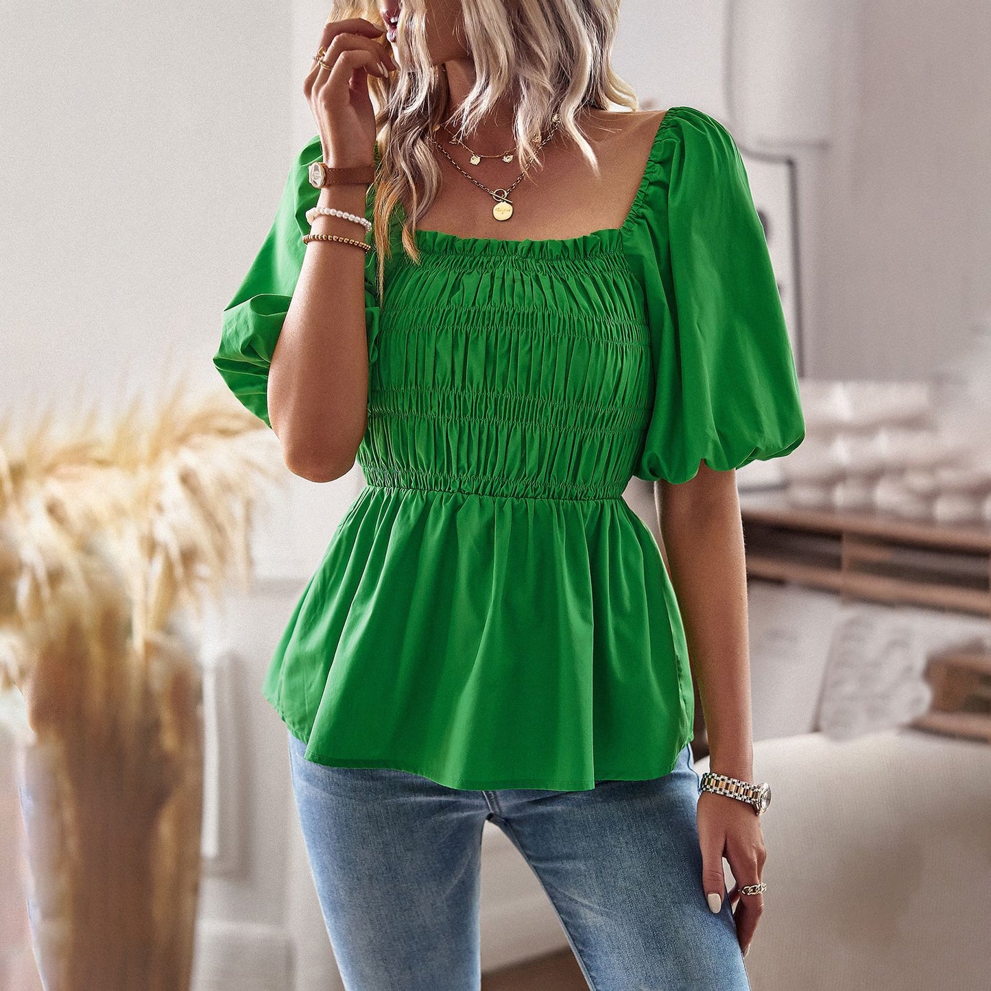 Waist Solid Color Square Neck T-Shirts Wholesale Womens Tops