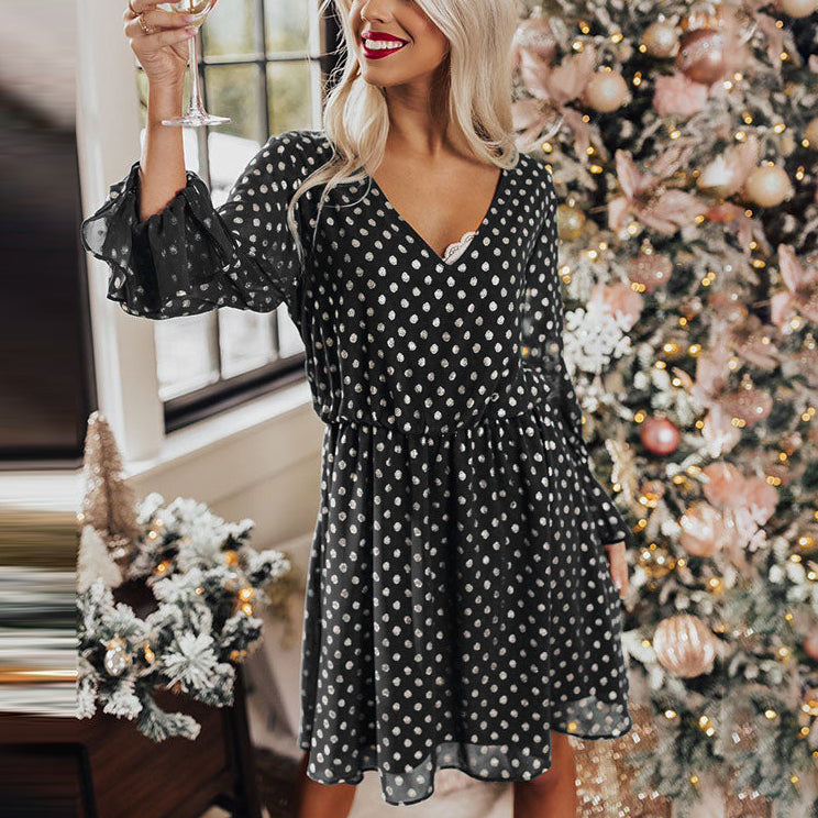 Polka Dot Print Vintage Lantern Sleeve Wide Swing Casual Chiffon Dress V Neck Wholesale Dresses