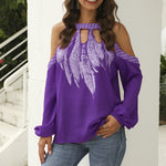 Long Sleeve Feather Print Sexy Off Shoulder Chiffon Blouse Womens Top Wholesale T-Shirts