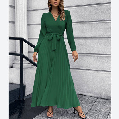 Long Sleeve V-Neck Pleated Swing Dress Wholesale Maxi Dresses