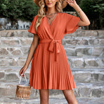Fashion Solid Color V-Neck Tie-Up Pleated Dress Wholesale Dresses