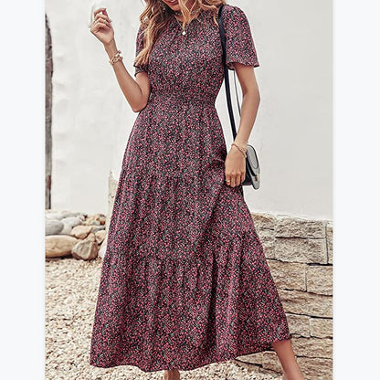 Casual Print Flared Dress Crew Neck Elastic Waist Short Sleeve Midi Wholesale Dresses