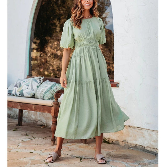 Summer Round Neck Puff Sleeve Waist Large Swing Dress Wholesale Dresses