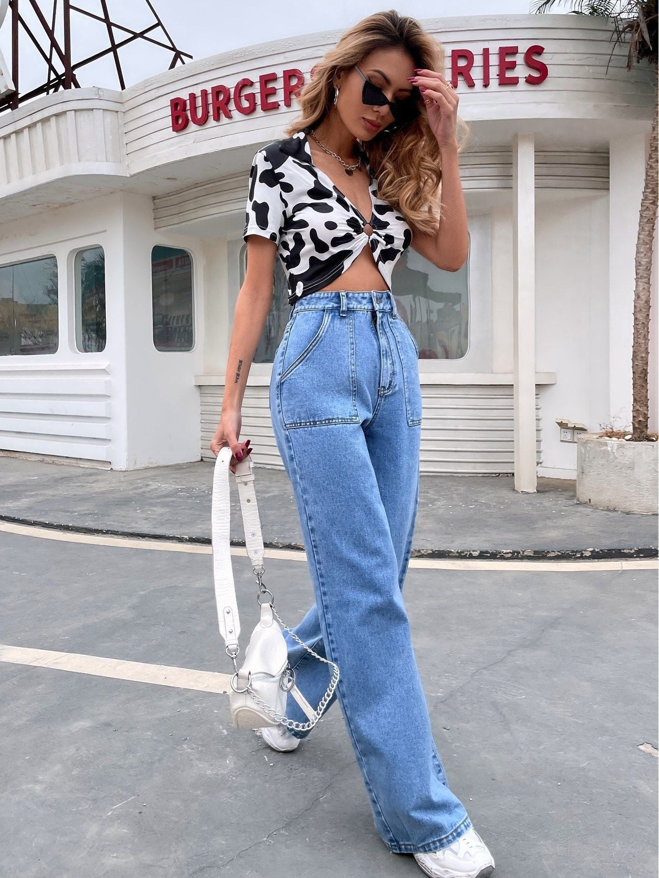 Solid Color High Waist Loose Wide Leg Pants Straight Denim Trousers Wholesale Women Jeans