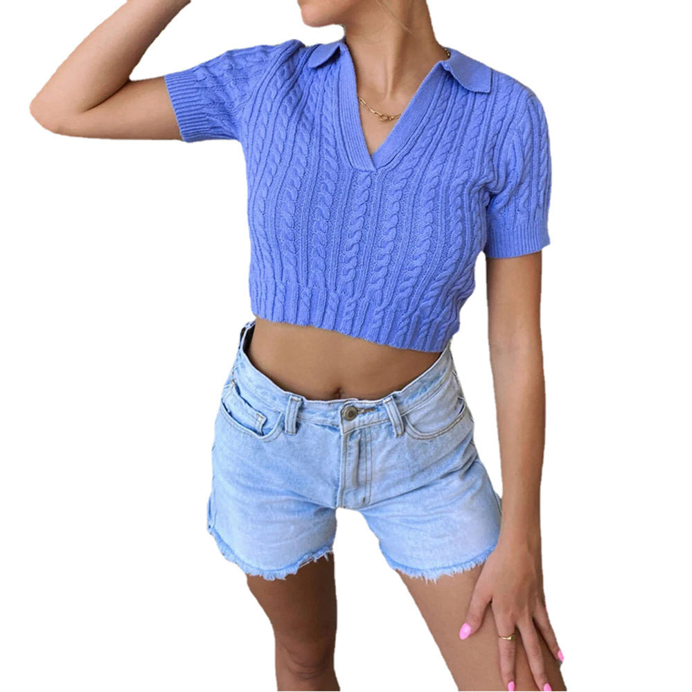 Casual V Neck Solid Color Short Sleeve Slim Short Wholesale Sweater