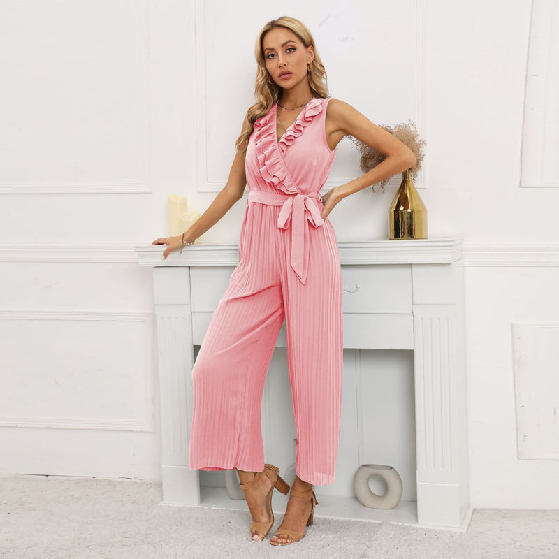 Solid Color Sleeveless V-Neck Ruffled Pleated Jumpsuit Wholesale Women Clothing
