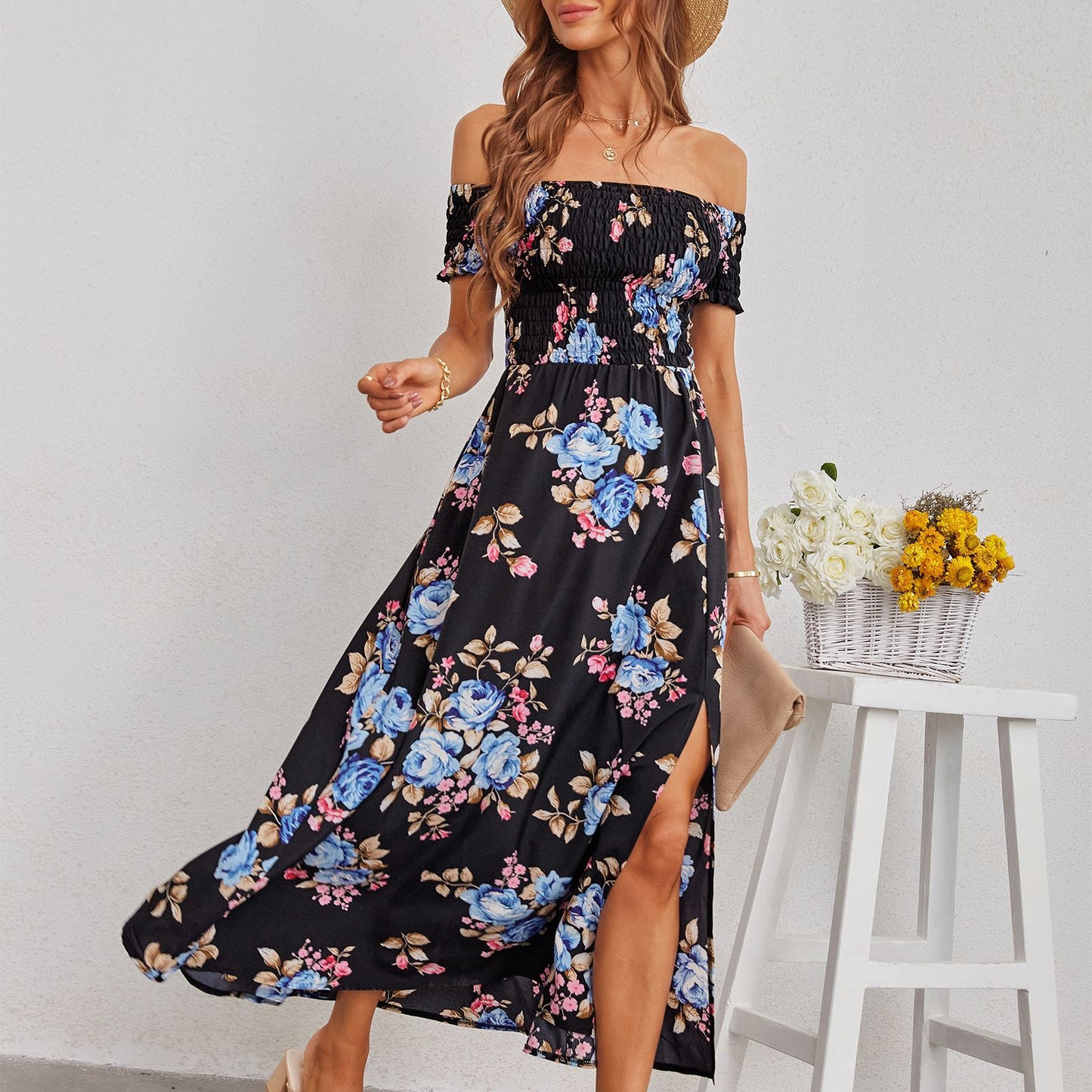 Floral Printed Elastic Wrap Chest Split High Waist Vacation Swing Dress Off Shoulder Wholesale Dresses