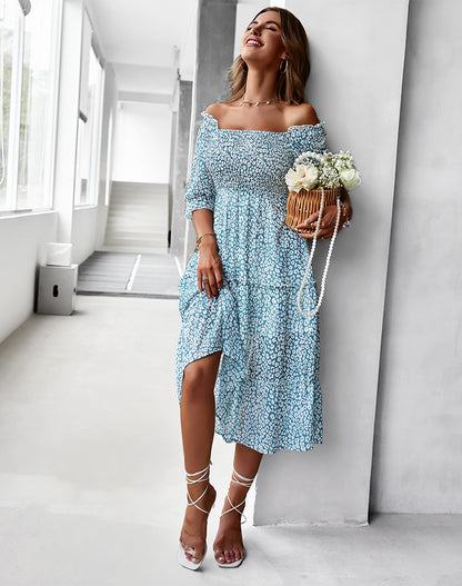 Sexy Off Shoulder Floral Midi Swing Dress High Waist Slim Petal Sleeve Vacation Wholesale Dresses