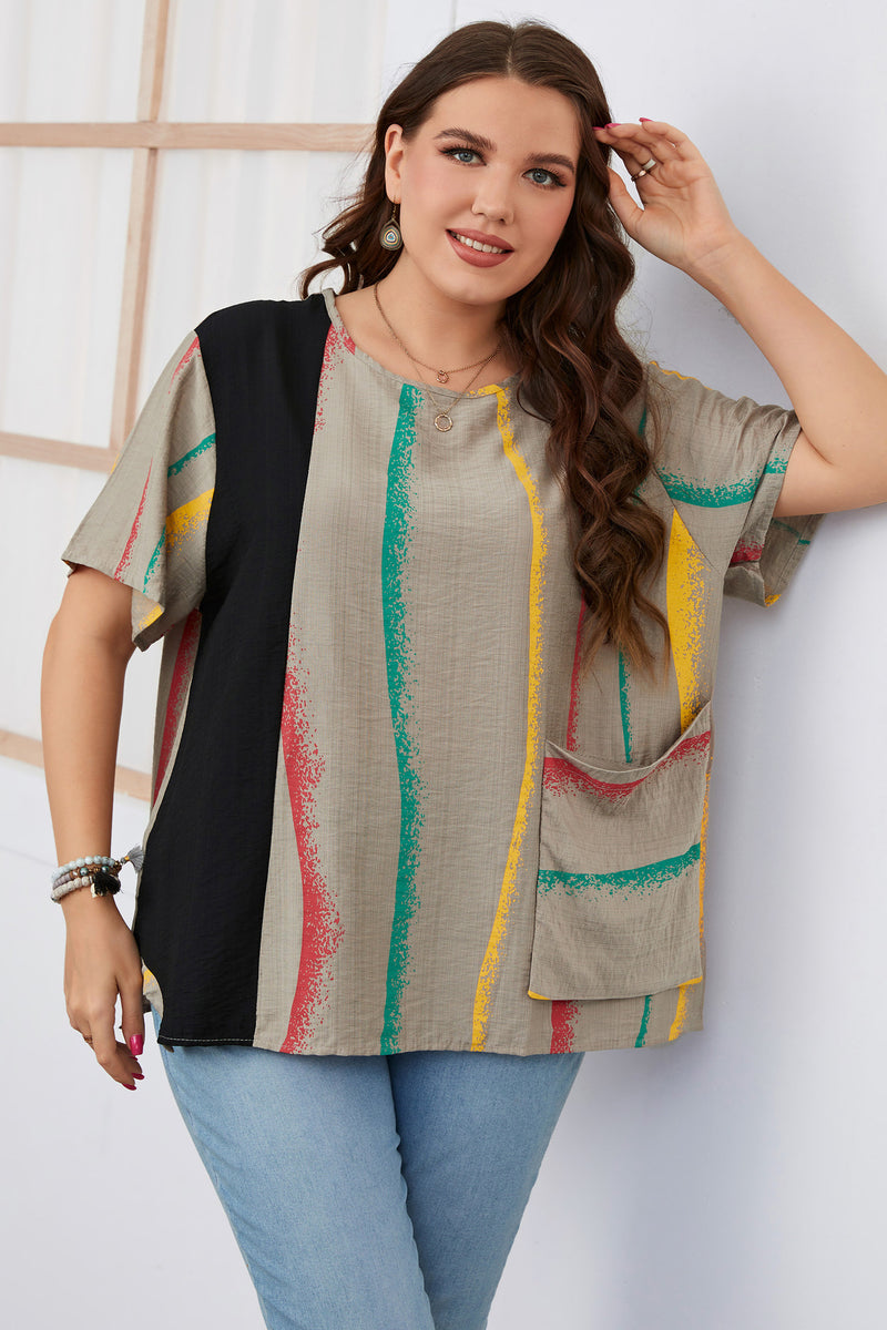 Striped Print Short Sleeve Casual Loose Wholesale Plus Size Tops with Pockets