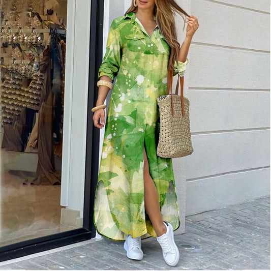 Long Sleeve Fashion Printed Shirtdress Slit T Shirt Maxi Dress Wholesale Casual Dresses