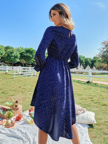 Polka Dot High Waist Casual Long Sleeve Midi Dress Wholesale Dresses Irregular Hem