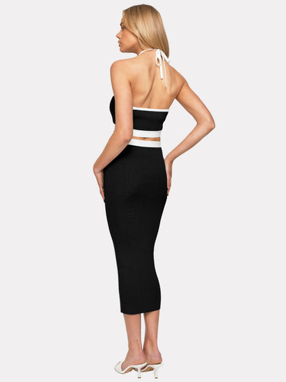 Strap Halter Neck Open Back Sexy Colorblock Bodycon Dress Wholesale Dresses