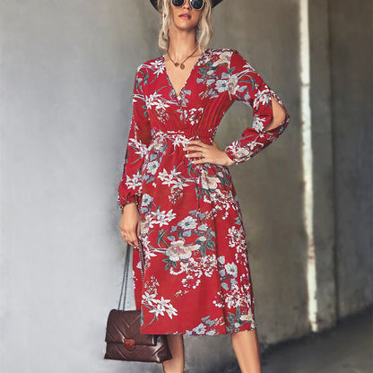 Casual V-Neck Long Sleeve Floral Dress Wholesale Dresses