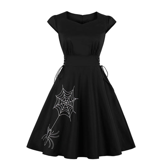 Halloween Vintage Print Lace-Up Swing Dress High Waist Short Sleeve Wholesale Dresses