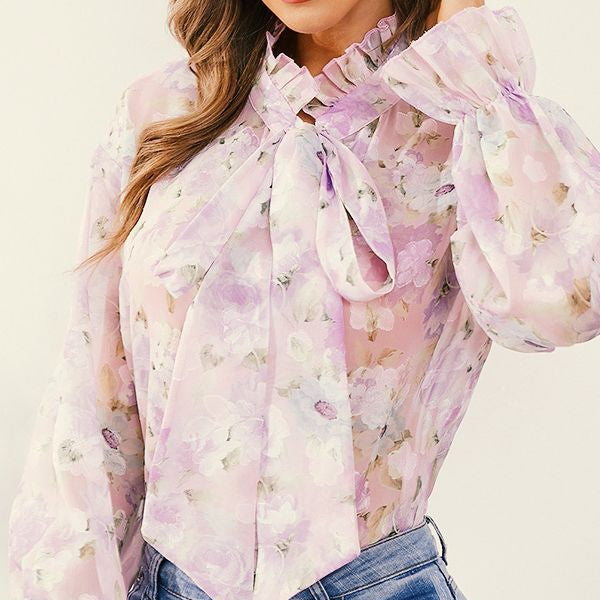 Floral Print Elegant Chiffon Long Sleeve Shirts Wholesale Womens Tops
