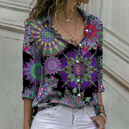 Retro Floral Mulitcolor Kaleidoscope Printed Fashion Womens T Shirts Long Sleeve Wholesale Blouse