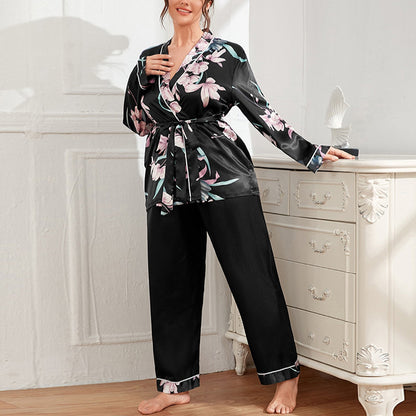 Printed Lace-Up Night-Robe & Trousers Curvy Satin Pajamas Casual Womens 2pcs Sets Loungewear Wholesale Plus Size Clothing