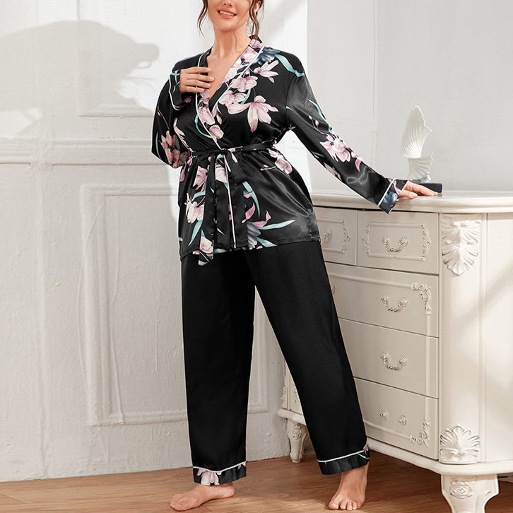 Printed Lace-Up Night-Robe & Trousers Curvy Satin Pajamas Casual Womens 2pcs Sets Loungewear Wholesale Plus Size Clothing